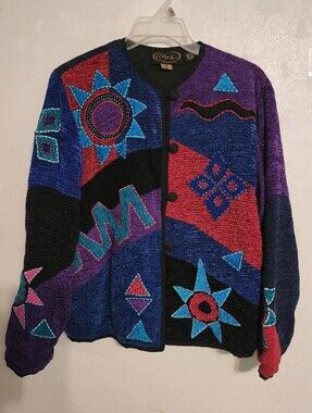 Vintage Alex Kim Abstract Art-to-Wear Cardigan Sweater Buttons Size S